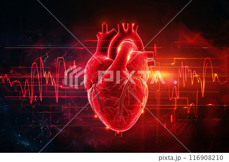 Human heart with cardio pulse line on abstract background 116908210