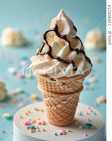 ice cream on podium in wafer style cone with chocolate swirl 116908254