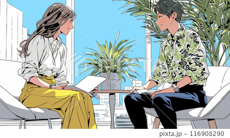 企業で若い女性社員と男性社員が打合せをしている