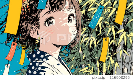 七夕の笹と浴衣姿の若い女性