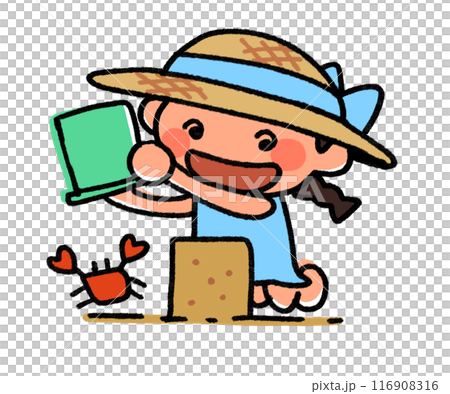 A girl playing on a sandy beach 116908316