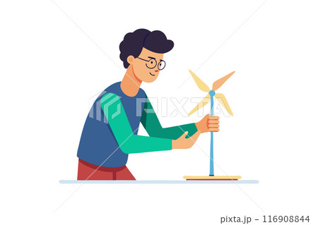 Illustration of man building wind turbine model for clean energy education Illustration of man building wind turbine model for clean energy education 116908844