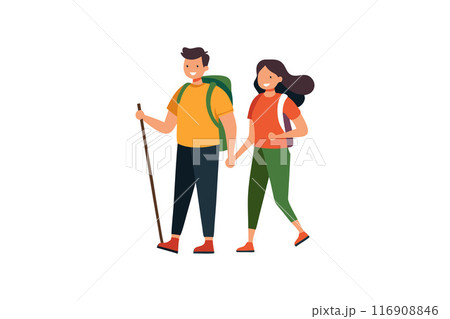 Smiling couple hiking together outdoors with backpacks and walking stick Smiling couple hiking together outdoors with backpacks and walking stick 116908846