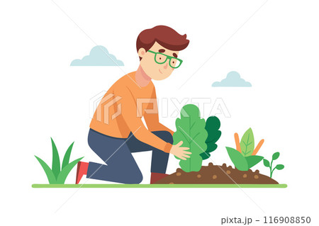 Illustration of a man gardening and planting vegetables in a garden Illustration of a man gardening and planting vegetables in a garden 116908850