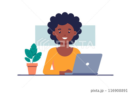 Smiling woman working on laptop at desk with plant, illustration Smiling woman working on laptop at desk with plant, illustration 116908891