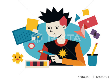 Colorful illustrated character with geometric shapes and art supplies around 116908894