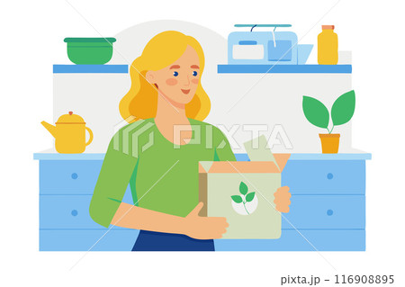 Happy woman unboxing eco-friendly products in kitchen environment with green accents 116908895