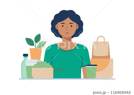 Illustration of a woman with eco-friendly products and plants promoting sustainable living Illustration of a woman with eco-friendly products and plants promoting sustainable living 116908948