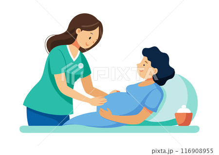 Nurse caring for pregnant woman lying in bed in a medical setting 116908955