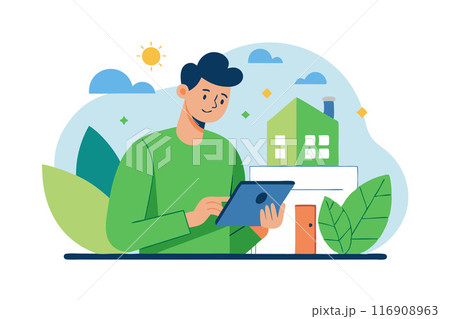 Smiling man using tablet with eco-friendly house and nature background, green technology, sustainable living 116908963