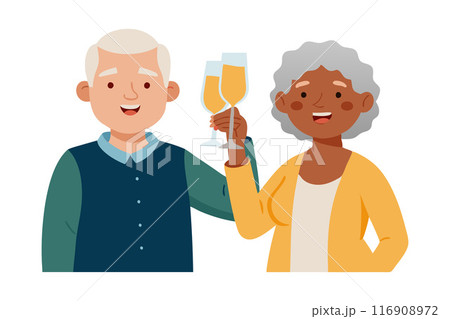 Happy senior couple celebrating with champagne glasses, toast and happiness 116908972