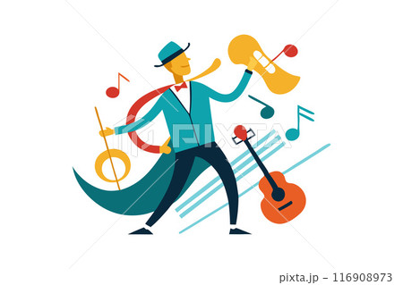 Colorful illustration of a musician playing instruments with musical notes around 116908973