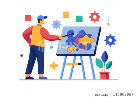 Person creating abstract design on canvas with tools and colorful shapes 116908987
