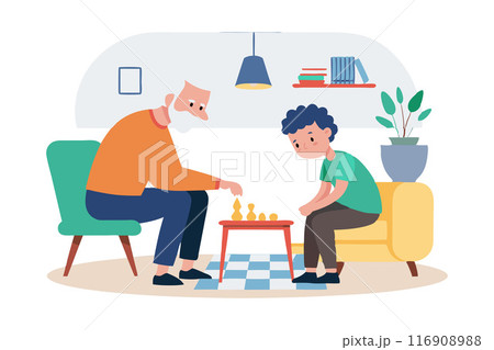 Grandfather and grandson playing chess in cozy living room. Family bonding activity 116908988