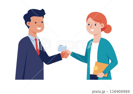 Business partners shaking hands and exchanging ID card in a friendly meeting 116908989