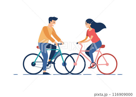 Happy couple riding bicycles together enjoying outdoor activity and bonding time Happy couple riding bicycles together enjoying outdoor activity and bonding time 116909000