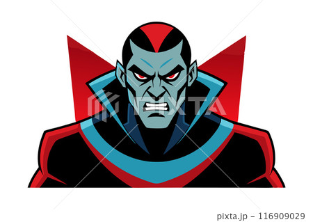 Angry cartoon villain with red and black costume and blue highlights Angry cartoon villain with red and black costume and blue highlights 116909029