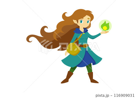 Fantasy elf character with long hair holding magical orb illustration 116909031