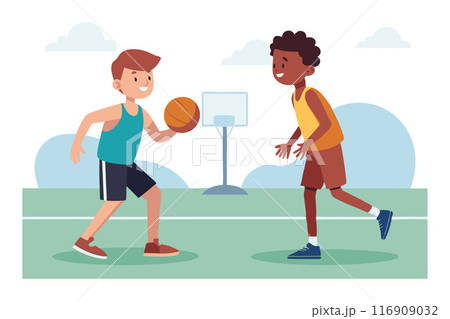 Two boys playing basketball outdoors on a sunny day, having fun and staying active 116909032