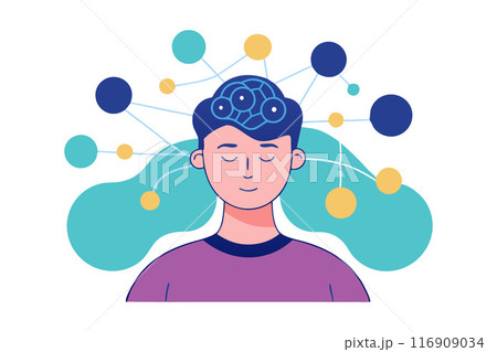 Illustration of a person with a connected brain, representing thinking, creativity, and mental health 116909034
