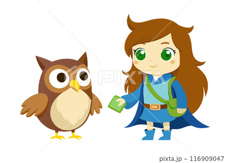 Cartoon girl and cute owl in an educational and friendly interaction 116909047