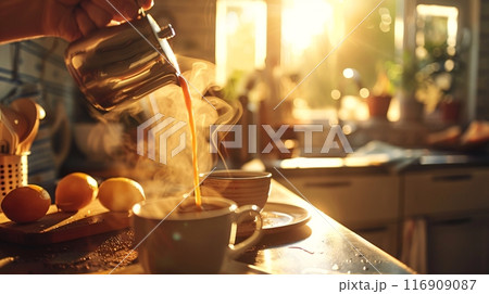 Morning coffee at home. 116909087