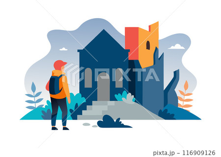 Illustration of a traveler exploring an ancient castle in a scenic landscape 116909126