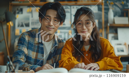 Asian couple taking portrait photo together. 116909159