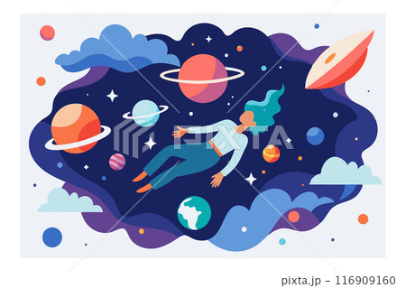 Surreal illustration of a woman floating in outer space with planets and stars around her 116909160