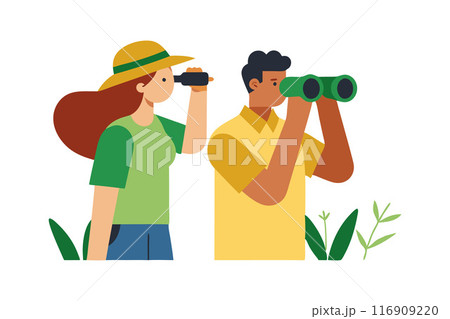 Couple birdwatching using binoculars in nature illustration 116909220
