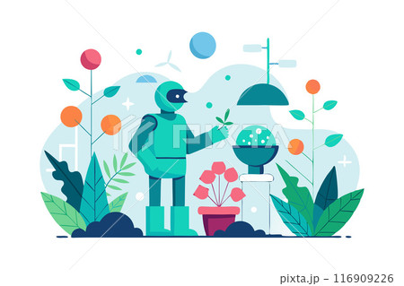 Robot tending to plants in a futuristic garden with abstract background 116909226
