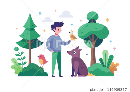 Illustration of a man with his dog and birds in a peaceful forest setting 116909257