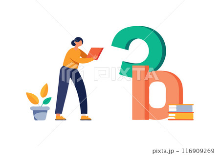 Illustration of a person with a book solving a concept puzzle 116909269