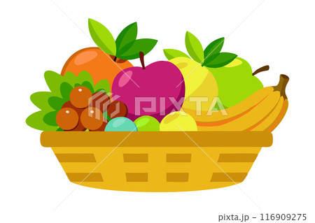 Colorful illustration of a fruit basket featuring apples, bananas, grapes, and more Colorful illustration of a fruit basket featuring apples, bananas, grapes, and more 116909275