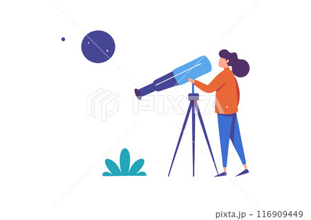 Cartoon illustration of a person using a telescope to observe the night sky Cartoon illustration of a person using a telescope to observe the night sky 116909449