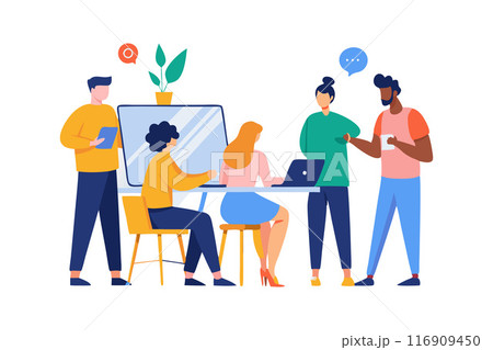 Team collaboration in a modern office setting with diverse group of colleagues 116909450