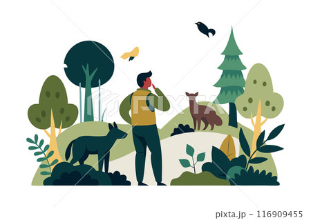 Illustration of a man exploring nature with wildlife in a forest setting Illustration of a man exploring nature with wildlife in a forest setting 116909455
