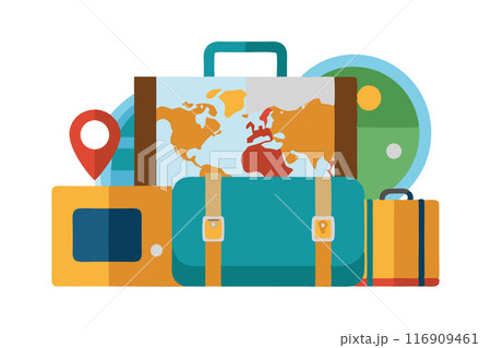 Travel luggage with maps and location marker representing vacations 116909461