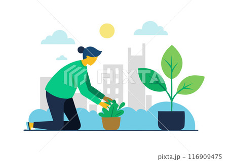 Illustration of person gardening in city, nurturing plants under the sun 116909475