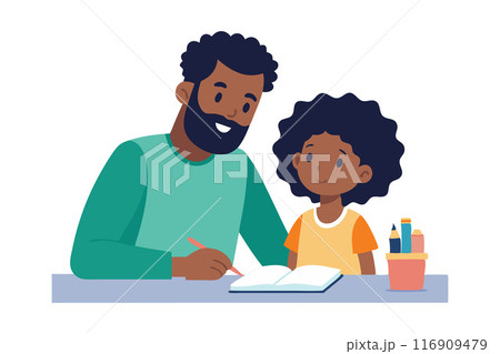 Father and daughter spending quality time together while drawing and writing at home Father and daughter spending quality time together while drawing and writing at home 116909479