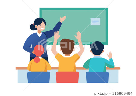 Teacher interacting with students in classroom with hands raised 116909494