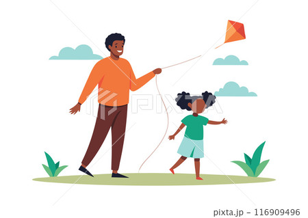 Father and daughter flying a kite together on a sunny day outdoors 116909496