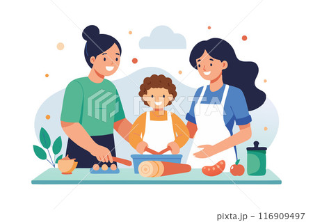 Happy family cooking together in the kitchen. Mother, child, and grandmother preparing food, enjoying quality time. Smiling faces cultivating a joy of cooking and family bonding. 116909497