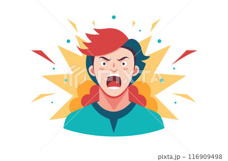 Illustration of a person shouting with an angry expression and explosive background 116909498