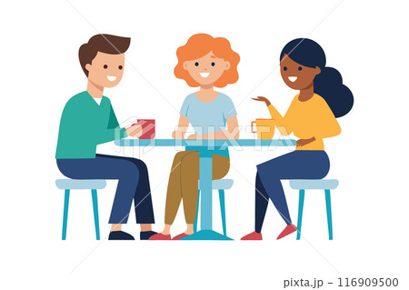 Friends enjoying coffee and conversation at a cafe 116909500