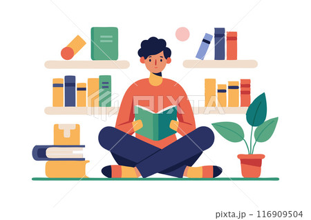 Illustration of a person reading a book among bookstore shelves 116909504