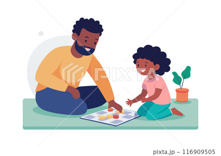 Father and daughter playing board game together at home, enjoying quality family time 116909505
