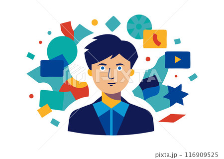 Flat design illustration of a man's face surrounded by colorful geometric shapes Flat design illustration of a man's face surrounded by colorful geometric shapes 116909525