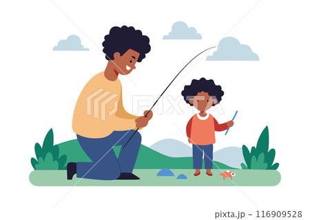 Father and son fishing together in nature, bonding and enjoying outdoor activities Father and son fishing together in nature, bonding and enjoying outdoor activities 116909528