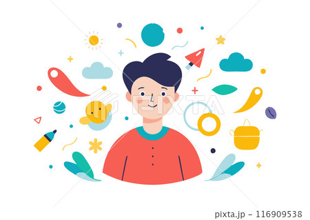 Colorful vector illustration of a smiling person surrounded by playful elements Colorful vector illustration of a smiling person surrounded by playful elements 116909538